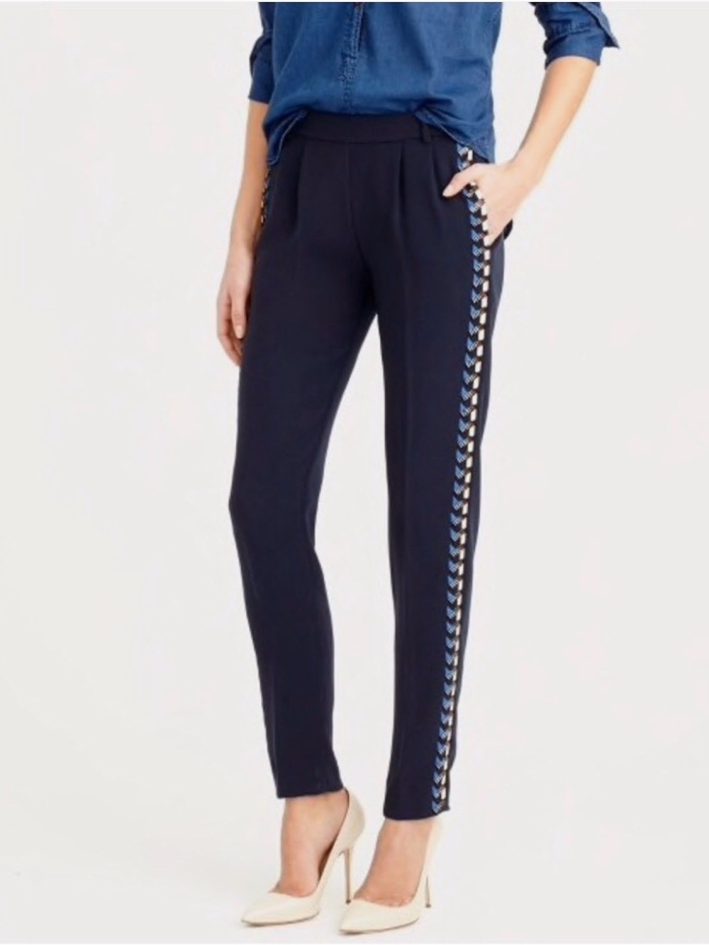 J. Crew collection Navy Tuxedo Pants with Blue Chevron Embellishments